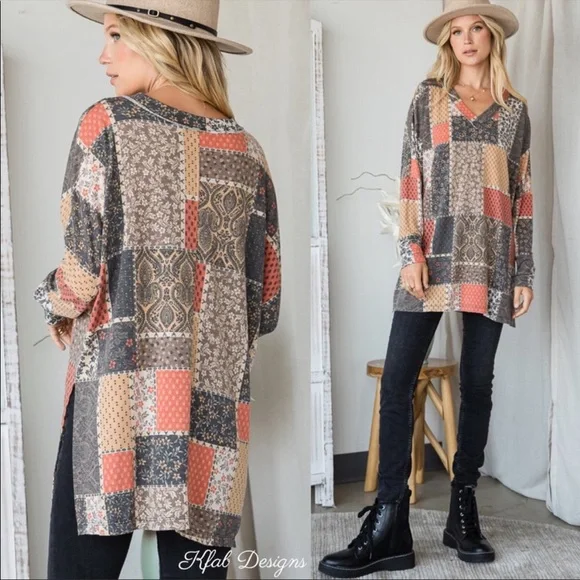 LAST 2! V Neck Patchwork Relaxed Fit Side Slit Detail Top! - Picture 7 of 8